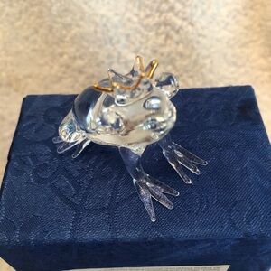 Lovely Glass Frog Prince in Quilted Decorative Box with Saying Inside Gold Crown